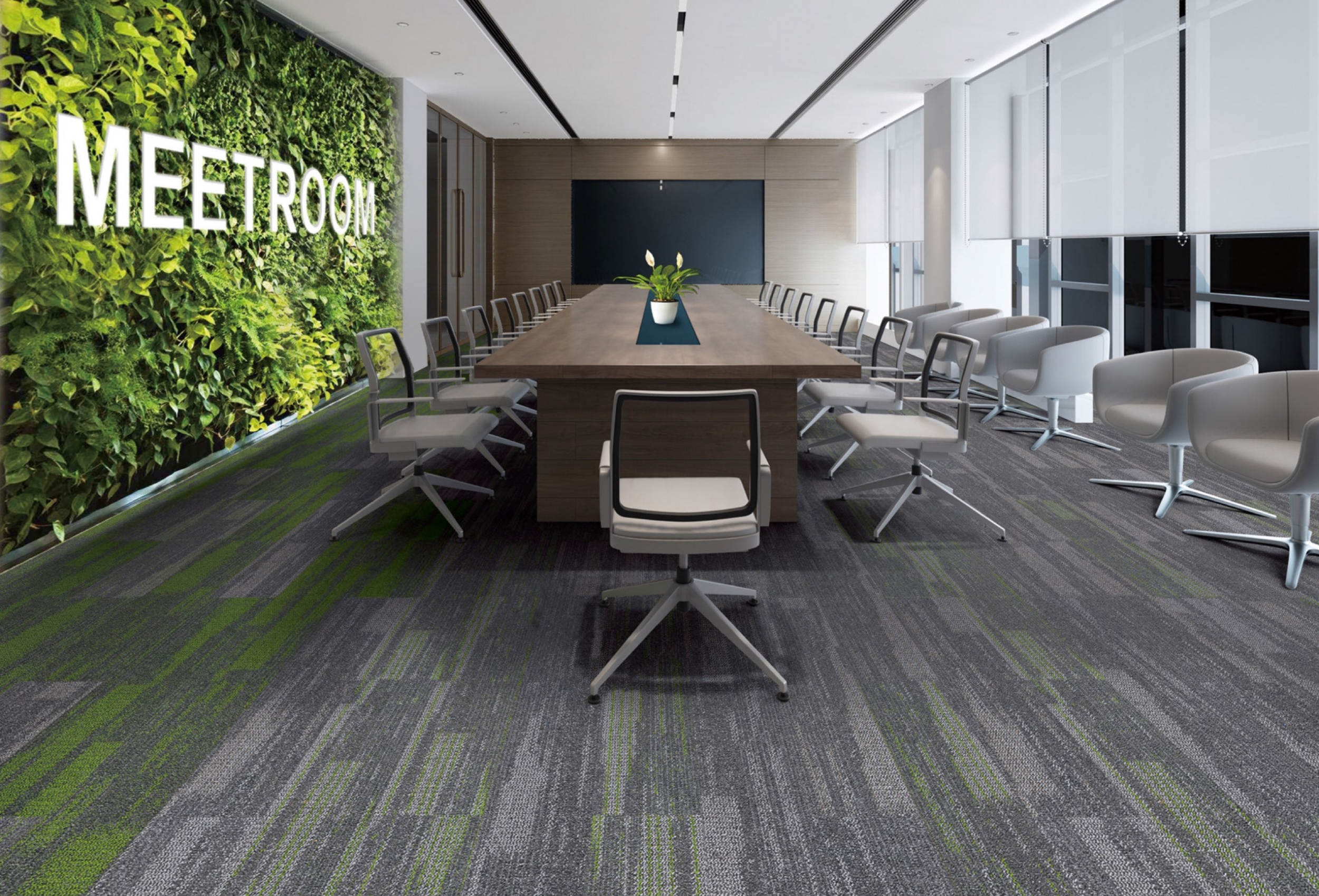A 3D rendering of an office meeting room with carpet flooring
